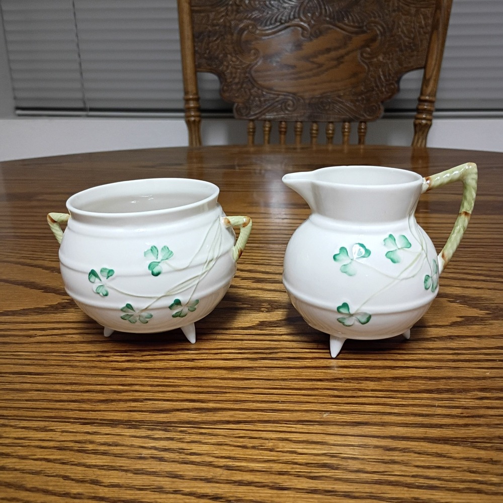 Vintage Belleek In Retrospect 1999 Shamrock Creamer and Sugar Set Irish Parian